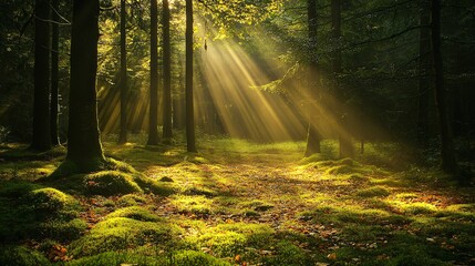 Wall Mural - sunbeams illuminate a mossy forest floor in a dense wood.