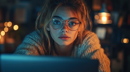 Woman in Glasses Looking at Laptop