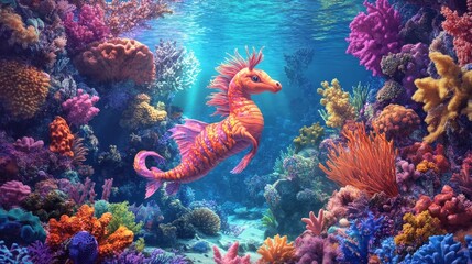 Sticker - Sea Horse Adventure: Design a scene of a sea horse embarking on an adventurous journey through a colorful coral reef, encountering various sea creatures along the way.