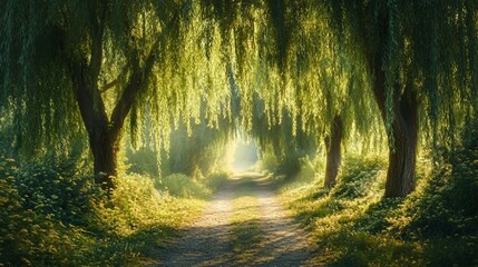 Wall Mural - sunbeams illuminate a path through a canopy of willow trees.