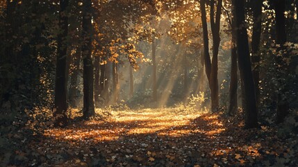 Wall Mural - sunbeams illuminate a path through a dense forest, creating a magical scene. the forest floor is cov