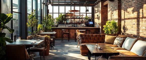 Wall Mural - Modern Bar Interior with Brick Walls, Large Windows, and Leather Sofa.