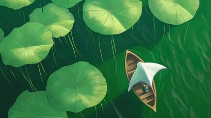 Small boat in the middle of giant lotus leaves sting ray in the water