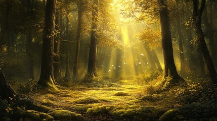 Wall Mural - sunbeams illuminate a path through a mossy forest, creating a magical atmosphere.