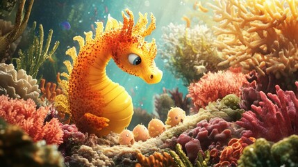 Sea Horse Nursery: Illustrate a scene of baby sea horses hatching from eggs, with the protective parent sea horse watching over them in a beautiful coral nursery.