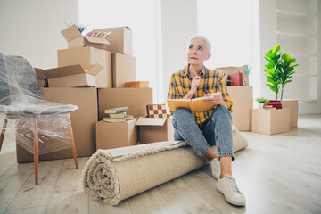 Poster - Full size photo of nice aged woman hold pencil notepad think wear checkered shirt relocate move new apartment indoors