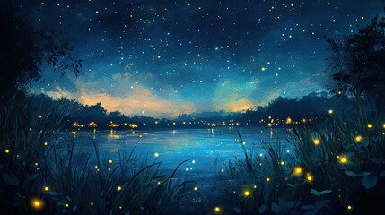 Poster - Starry Night and Fireflies: Illustrate a night scene with stars above and fireflies glowing in the foreground, creating a magical atmosphere