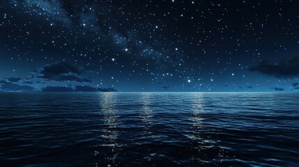 Starry Night at Sea: Illustrate a scene of the open sea under a starry night sky, with stars reflecting off the calm waters