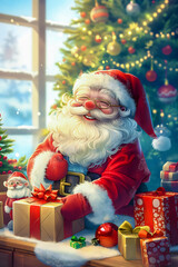 Wall Mural - Funny cartoon Santa Claus packs Christmas boxes with gifts sitting at the table in the living room near the Christmas tree and fireplace. The concept of Christmas and New Year