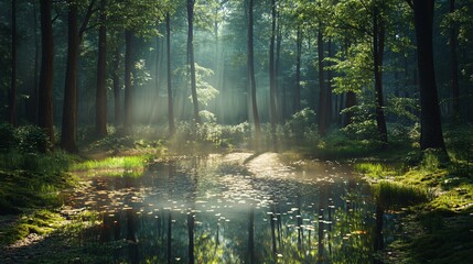 Wall Mural - sunbeams penetrate through the dense canopy of trees, illuminating a tranquil pond in a misty forest