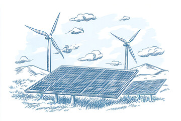 Hand-Drawn Vector Illustration of Solar Panels and Wind Turbines Showcasing Sustainable Alternative Energy Sources