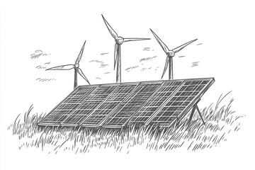 Hand-Drawn Vector Illustration of Solar Panels and Wind Turbines Showcasing Sustainable Alternative Energy Sources