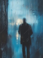 Aufkleber - A lone individual stands before a rain-covered window, absorbed in thought as droplets cascade down in shades of grey and blue, evoking contemplation. Generative AI