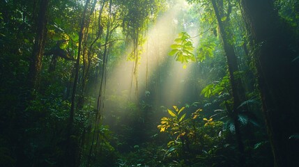 Wall Mural - sunbeams pierce through the dense canopy of a lush tropical rainforest, illuminating the green folia