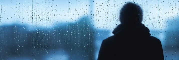 Aufkleber - A lone figure stands by a rain-covered window, gazing out as raindrops trickle down, immersed in thoughts of melancholy and solitude. Generative AI