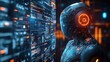 © Ta - A futuristic scene depicting AI technology, network security, IoT, and machine learning, with a 3D robot against a cyber space backdrop.