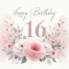 Wall Mural - Floral 16th birthday card decorated with pink flowers and elegant typography.