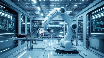 Fototapete - A robotic arm meticulously assembles intricate machinery in a sleek, advanced laboratory filled with illuminated panels and holograms. Generative AI