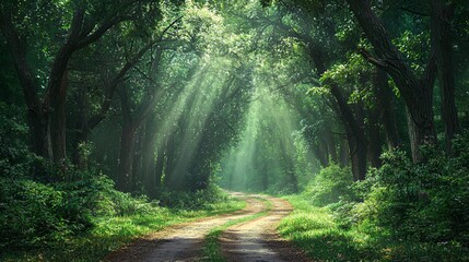 Wall Mural - sunbeams streaming through dense forest canopy illuminating a dirt path.