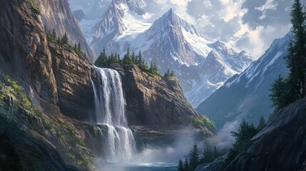 Wall Mural - The majestic sight of a waterfall cascading from high mountain cliffs is both humbling and beautiful.