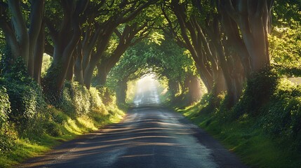 Wall Mural - sunbeams through trees lining a country road.