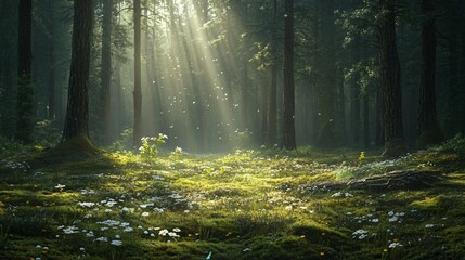 Wall Mural - sunbeams through the trees, illuminating a forest floor covered in white flowers.