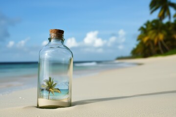 a beautiful beach with an island in a bottle