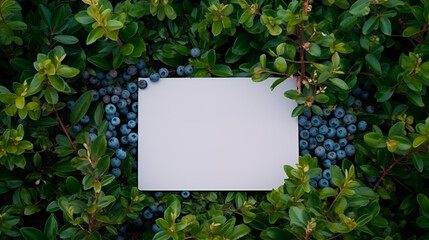 Wall Mural - Blank white card mockup resting among blueberry bushes green leaves, ai generated