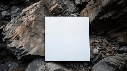 Wall Mural - Blank white card against large rock formation with deep crevices rugged textures, ai generated