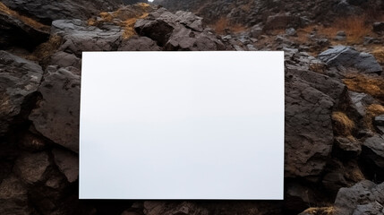 Wall Mural - Blank white card mockup against formation of dark jagged rocks, ai generated