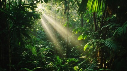 Wall Mural - sunlight beams through the dense foliage of a lush rainforest, illuminating the vibrant green leaves