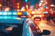 © ArtmediaworX - Police car flashing lights in the city street at night. Generative Ai