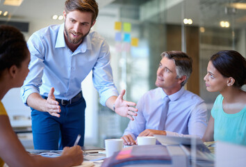 Poster - Group presentation, business people and training in meeting for growth, expansion or creative solution. Manager, workshop or coaching for design ideas, conference budget and event planning at startup