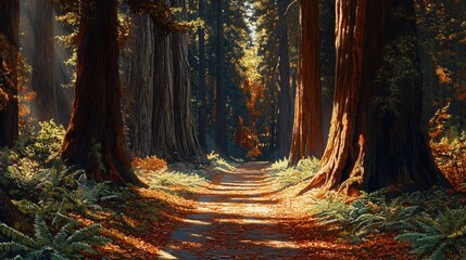 Wall Mural - sunlight illuminates a path through a dense redwood forest with autumn leaves on the ground.