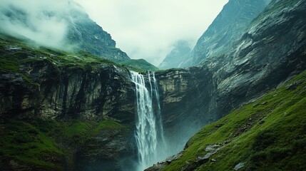 Canvas Print - The scene of a waterfall cascading down steep mountain slopes evokes a sense of tranquility and grandeur.