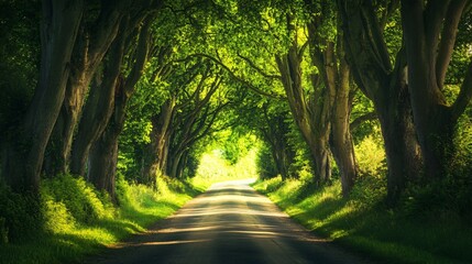 Sunlight streams through a canopy of trees lining a winding road.