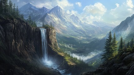 The sight of a waterfall cascading from high mountain cliffs is both majestic and serene.