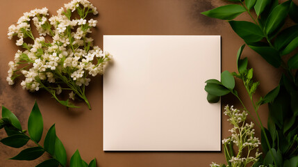 Wall Mural - White square card mockup delicate flowers lush green leaves on soft brown backdrop. Invitation, greeting card template advertising image. Floral design mock up product photorealistic