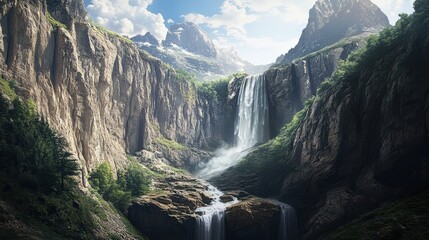 Canvas Print - The sight of a waterfall cascading from the heights of majestic mountains is both invigorating and calming.