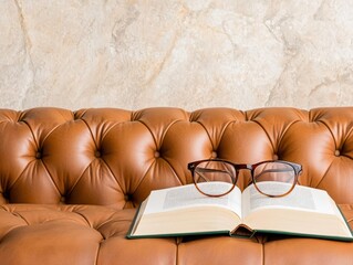 Reading glasses on a leather sofa armrest with an open book, comfortable reading space