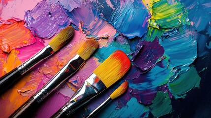 Poster - Bright splashes of paint on a palette with brushes set against a colorful abstract canvas create an artistic atmosphere. Generative AI