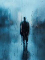 Aufkleber - A lone person stands by a rain-covered window, observing the drizzled world outside, lost in thought during a gray, rainy afternoon. Generative AI