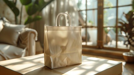 Wall Mural - Beige tote bag mockup placed on table bathed in warm sunlight, ai generated