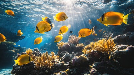 A school of vibrant tropical fish swimming among colorful coral reefs in crystal-clear ocean water.