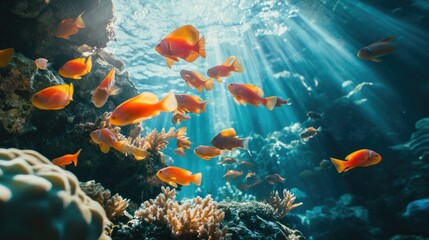 A school of vibrant tropical fish swimming among colorful coral reefs in crystal-clear ocean water.