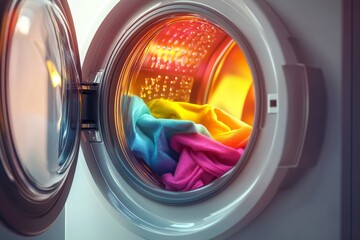 Modern washing machine with vibrant colorful clothes inside and bright clean background