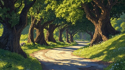 Wall Mural - winding country road through a lush forest with sunlight illuminating the path.
