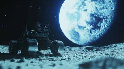 Under the serene glow of the Earth, a moon robot rolls across the lunar surface