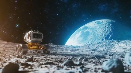 Wall Mural - under the serene glow of the earth, a moon robot rolls across the lunar surface