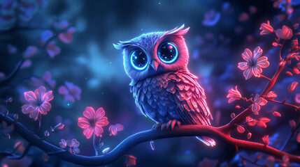 Wall Mural - whimsical owl with oversized eyes perches on branch surrounded by vibrant flowers, creating magical 